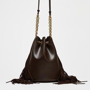 Zara Fringed Cylindrical Bucket Bag